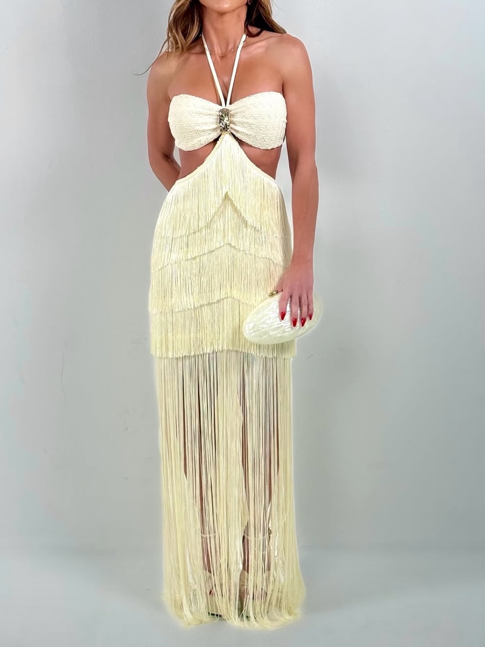 Ivory Fringe Cutout Halter Maxi Dress